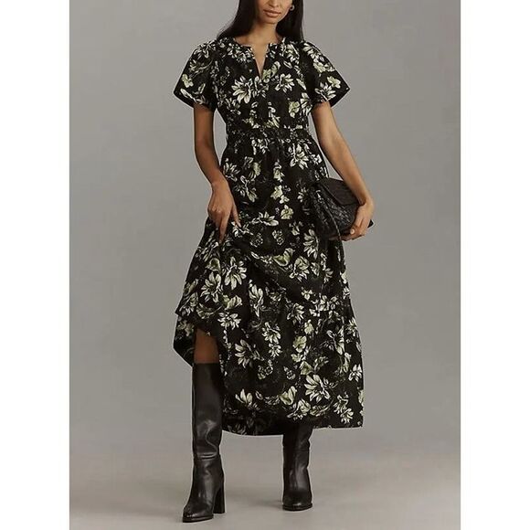 Anthropologie Somerset Maxi Dress Womens XS Black Green Floral Pockets V-Neck - Picture 1 of 12
